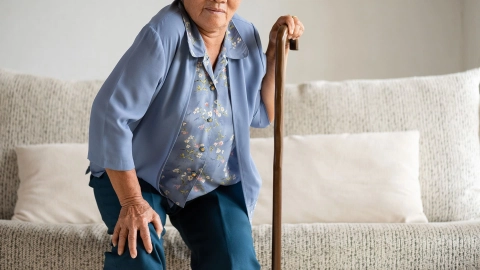 Arthritis: older woman trying to get up from a sofa. She is pulling herself up on a walking stick. She is straining and may be in pain.