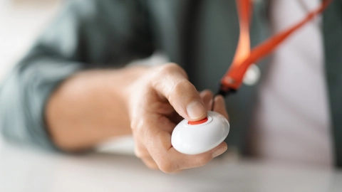 Человек нажимает на кнопку, которую носит на ленте на шее.