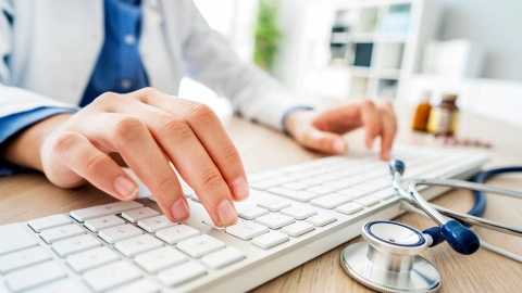 Doctor sitting at a desk using the fingers of both hands to type on a computer keyboard.