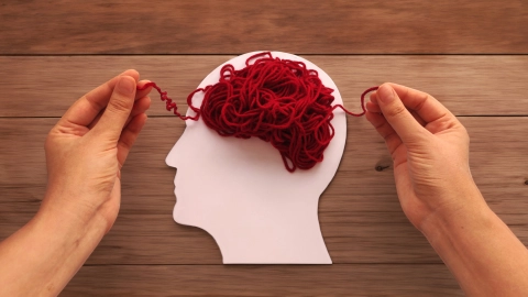 Клубок красных шерстяных ниток лежит на белом силуэте головы. Две руки видны на картинке, они держат свободные концы нитей справа и слева от головы.